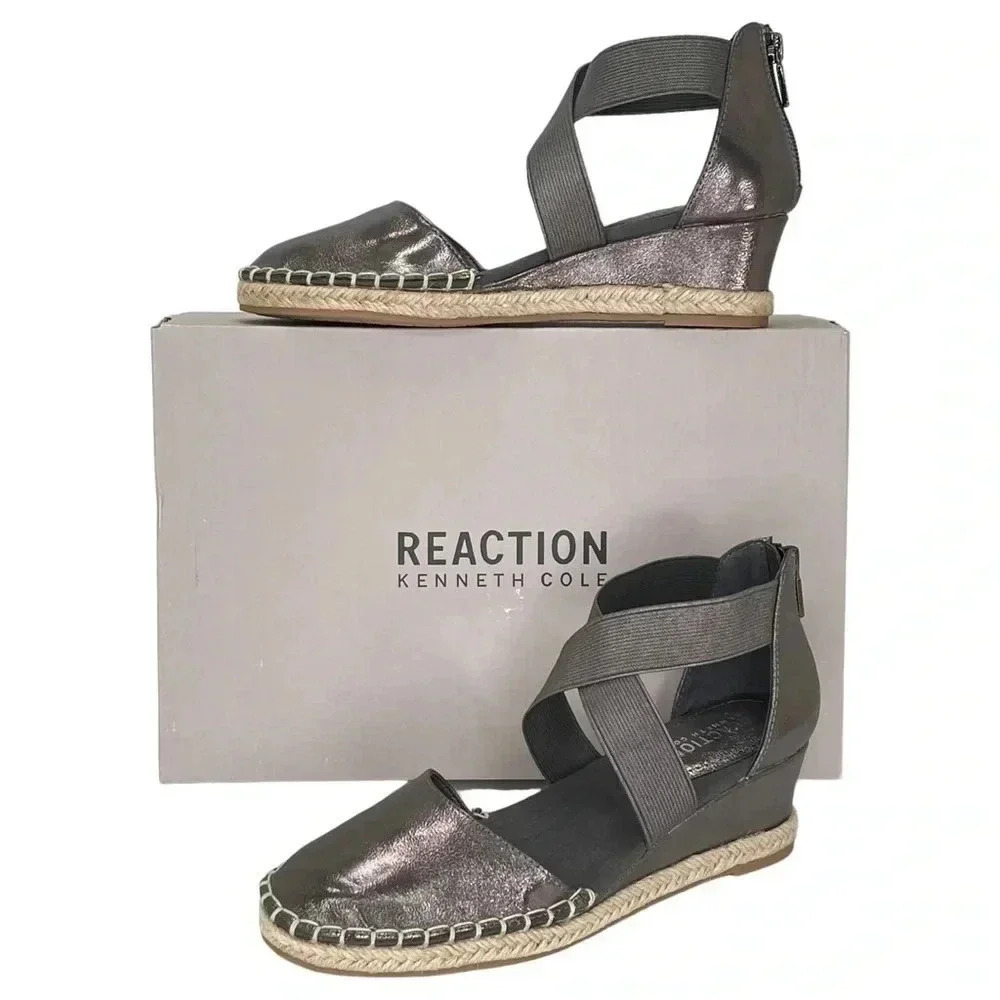 Kenneth Cole Reaction Clo X Band Pewter Womens Espadrille Wedge Sandals 6.5M